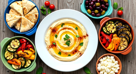 Traditional chickpeas hummus with fresh vegetables, olives and pita breadの素材