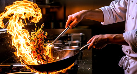 Chef cooking in the kitchen, Chef preparing food, Chef decorating food with fireの素材