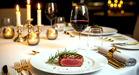 Beef steak with rosemary and glass of red wine in restaurantの素材