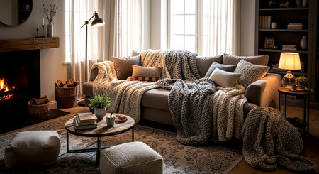 Cozy living room interior with comfortable sofa and knitted plaidの素材