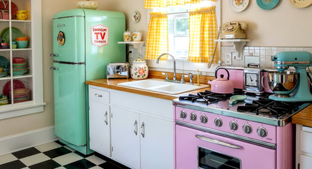 Colorful kitchen interior with vintage fridge, stove and ovens.の素材