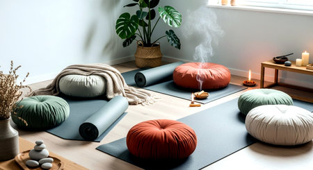 Yoga mats and candles in living room interior. 3d renderingの素材