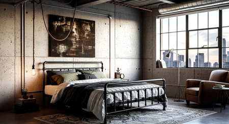 Modern loft bedroom interior design. 3d rendering mock up toned imageの素材