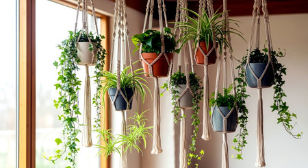 Indoor plants in pots hanging on the wall in the room.の素材