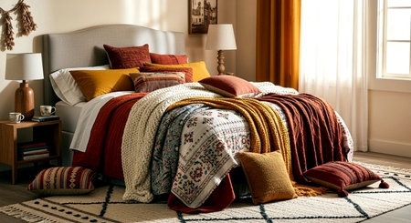 Colorful pillows on bedside table in bedroom, interior designの素材