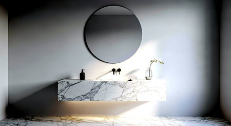 3d render of modern bathroom interior with white marble and black sinkの素材