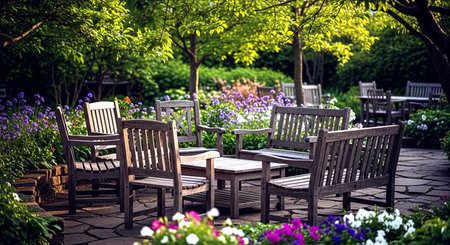 Outdoor garden with wooden chairs and flowers in summer. Selective focus.の素材
