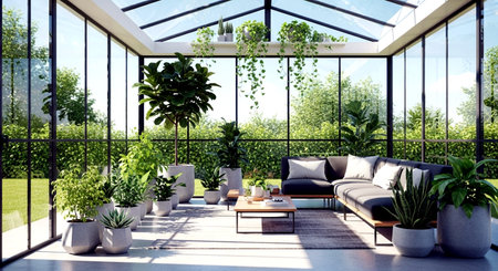 Interior design of modern living room with garden view 3D renderingの素材