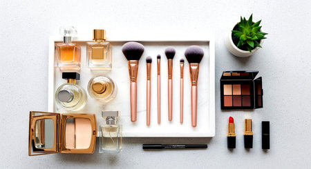 Set of makeup brushes and cosmetics on white background. Top view.の素材