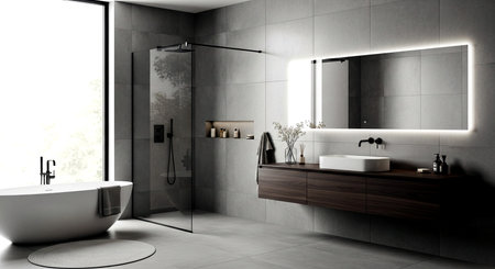 Interior of modern bathroom with gray tile walls, tiled floor, comfortable white bathtub and double sink. 3d renderingの素材