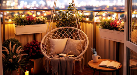 Comfortable rattan chair with pillows on the balcony at nightの素材