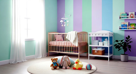 Interior of children's room with crib and toys. 3d renderの素材
