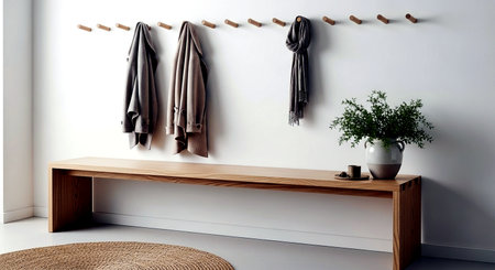 Interior of modern bathroom with white walls, concrete floor, brown wooden bathtub and wooden countertop. 3d renderingの素材