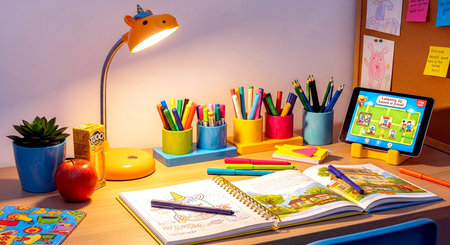 Back to school concept with books, pencils and tablet pc on deskの素材