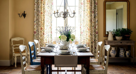 Dining room interior with a table and chairs in a classic styleの素材