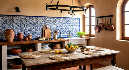 Interior of a kitchen in an old house with ceramic utensilsの素材