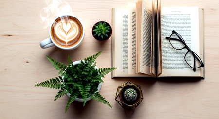 Coffee cup with book and plant on wooden table, top viewの素材