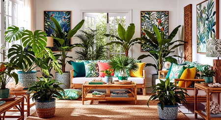 Interior of a modern living room with plants and flowers in potsの素材