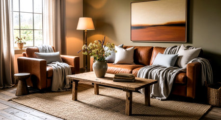 Interior of a living room with a sofa and armchairs.の素材