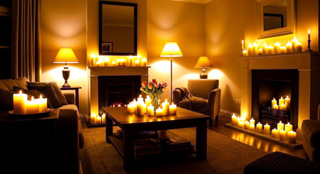Interior of a living room at night with candles and a fireplaceの素材