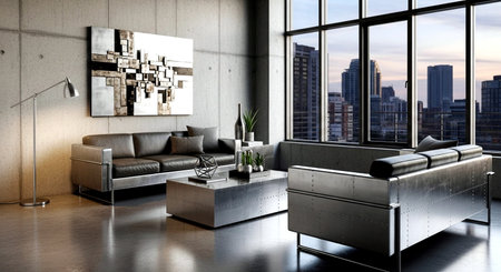 Modern living room interior design with sofa and city view. 3D Renderingの素材