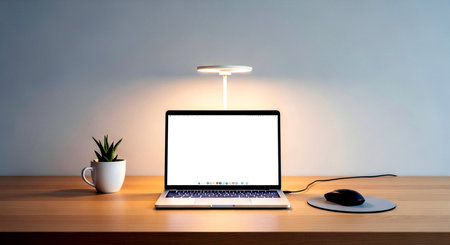 Laptop with blank screen on wooden table and lamp on wall backgroundの素材