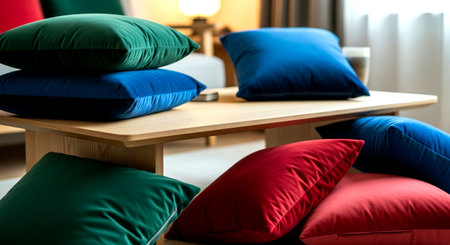 Colorful pillows on a wooden table in the living room.の素材