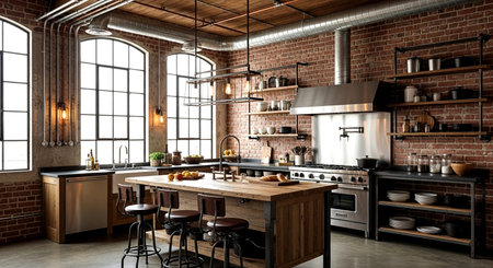 3d rendering of a modern loft style kitchen with brick walls and floorの素材