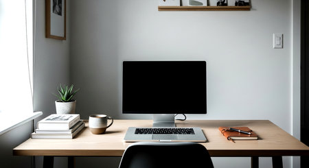 Modern workspace with computer, coffee cup and other items on wooden tableの素材