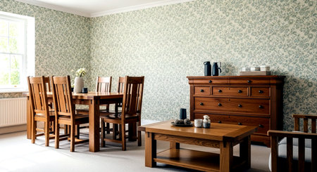 Interior of a living room with wooden furniture, table and chairsの素材