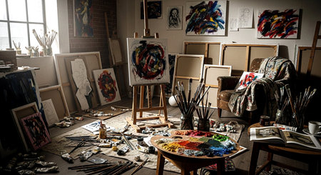 Artist's studio with palette, brushes and oil paints on canvas.の素材