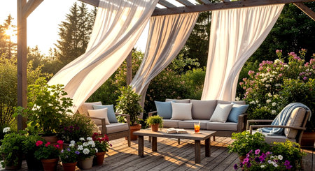 Outdoor patio with a lot of flowers and a set of pillowsの素材