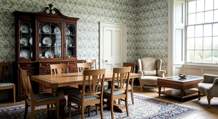 Dining room interior in classic style with a wooden table and chairsの素材