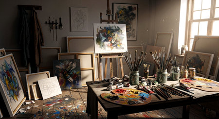Painting in the artist's studio. Brushes and palette.の素材