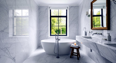 Bathroom interior design with white marble walls, concrete floor, comfortable white bathtub and window. 3d renderingの素材