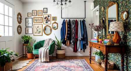 Cozy living room interior with green armchair, chest of drawers and carpetの素材