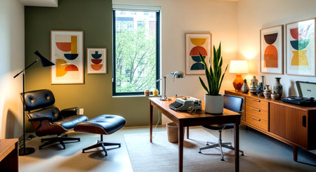 Interior of a modern office with a desk, chair and armchairの素材