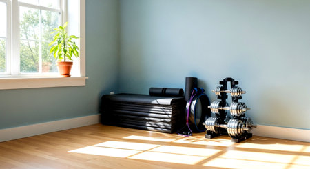 interior of a modern living room with yoga mat and dumbbellsの素材