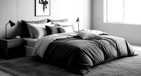Black and white bedroom interior design with pillows and bedside tableの素材
