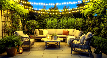 Outdoor patio decorated with garland at night. 3D renderingの素材