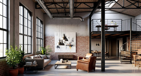Interior of modern loft style living room with brick walls and wooden floor 3d renderingの素材