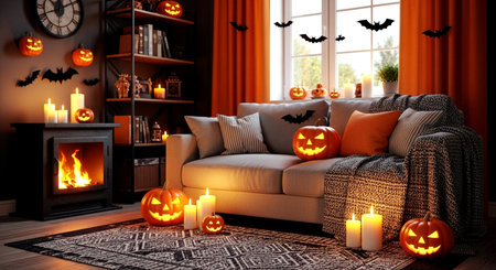 Halloween interior with candles, sofa and decorations. 3D renderingの素材