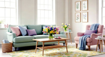 interior of modern living room with green sofa and pink armchairの素材