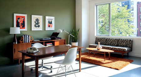 Interior of a modern office with a green wall and a wooden tableの素材