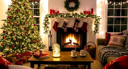 Beautiful Christmas living room interior with fireplace and christmas tree.の素材