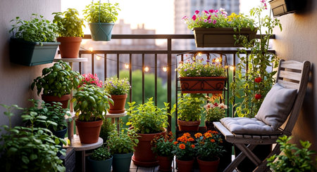 Flowers in pots on the balcony of a house in the eveningの素材