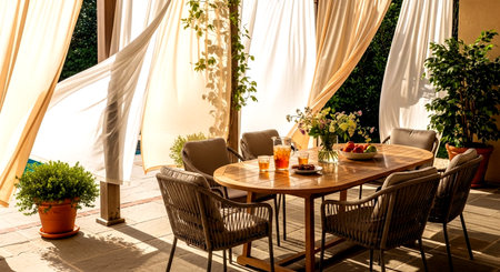 Table and chairs at a restaurant in the shade of the trees.の素材