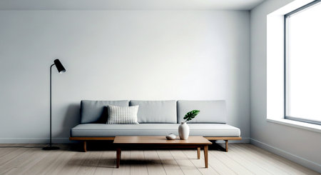 Interior design modern bright room with white sofa 3d Illustrationの素材