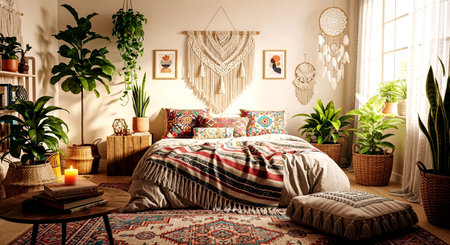 Interior of a modern bedroom with a bed, plants and decorationsの素材