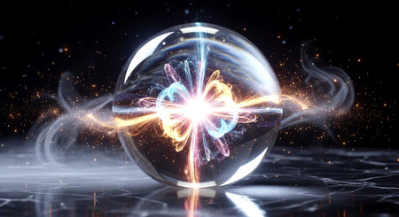 3d illustration of crystal ball with atom inside on dark background.の素材